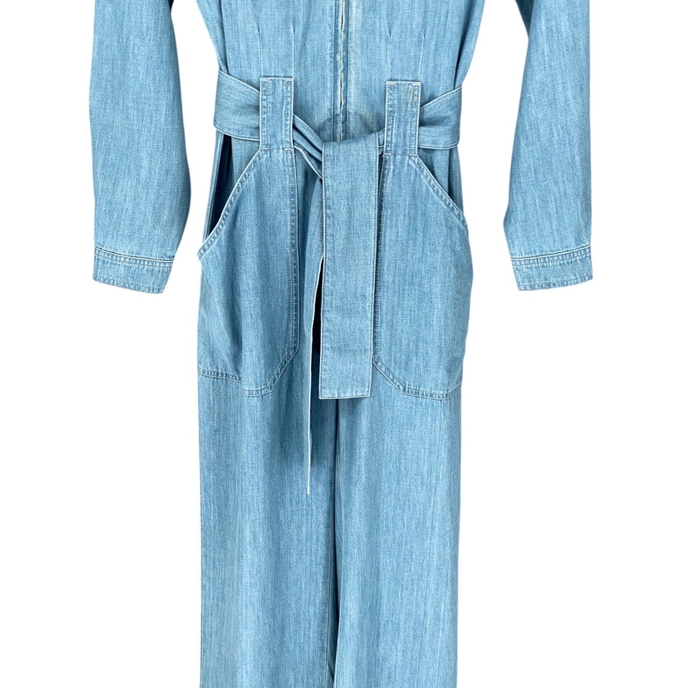 Sezane Denim Bob Jumpsuit Light Blue Wash Utility Long Sleeve Tie Waist US 6 NEW - Picture 9 of 14